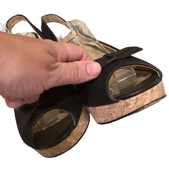Trotters Womens Wedge Sandals US 8 Slingback Black Tan Cork Heels Beachy Resort - Picture 6 of 10